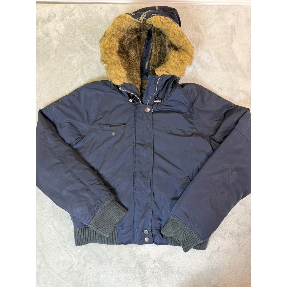 AMERICAN EAGLE Jacket Womens Large Navy Faux Fur Hooded Puffer Bomber Coat
